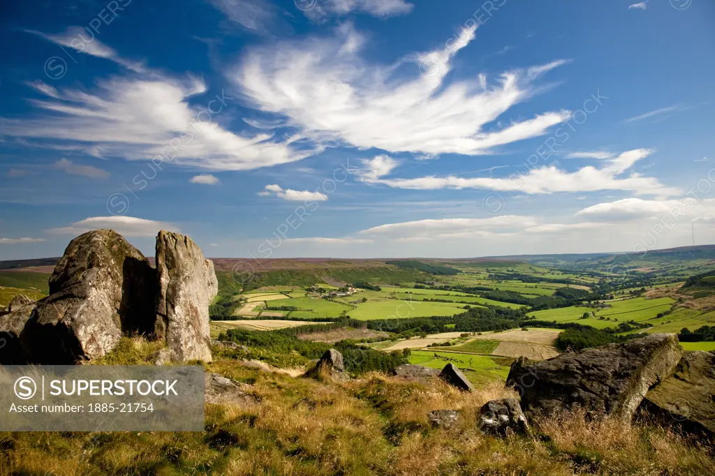 UK - England, North Yorkshire, Stokesley, View down Bilsdale from Hasty Bank and the Wainstones on the Cleveland Way, North York Moors National Park