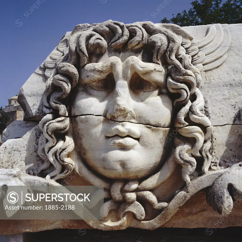 Turkey, Aegean, Didim, Close up of carved Medusa head