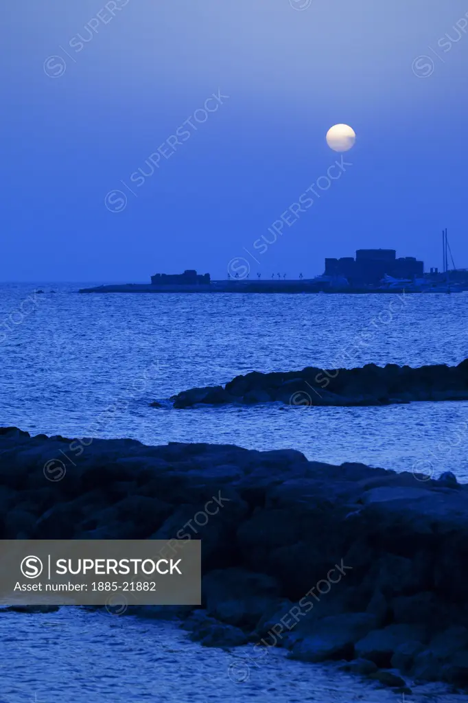 Cyprus, South Cyprus, Paphos, Cyprus, Paphos, Castle & Harbour at moonlight