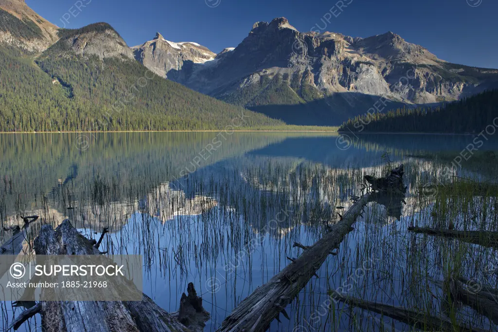 Canada, British Columbia, Yoho National Park, Emerald Lake with the peaks of the President Range beyond