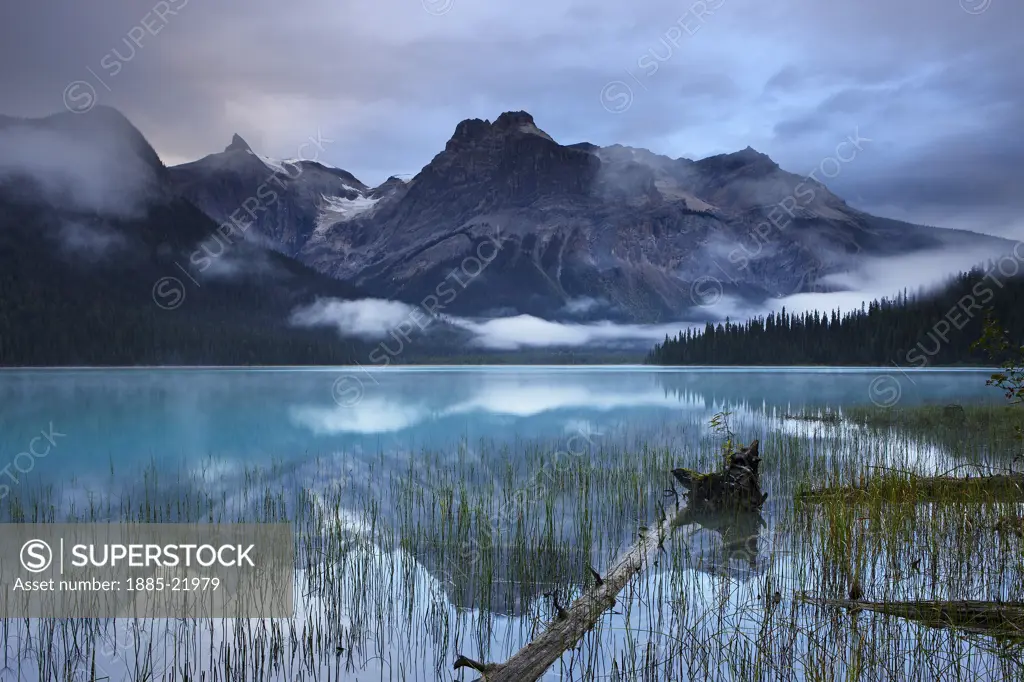 Canada, British Columbia, Yoho National Park, Emerald Lake at dawn with the peaks of the President Range beyond