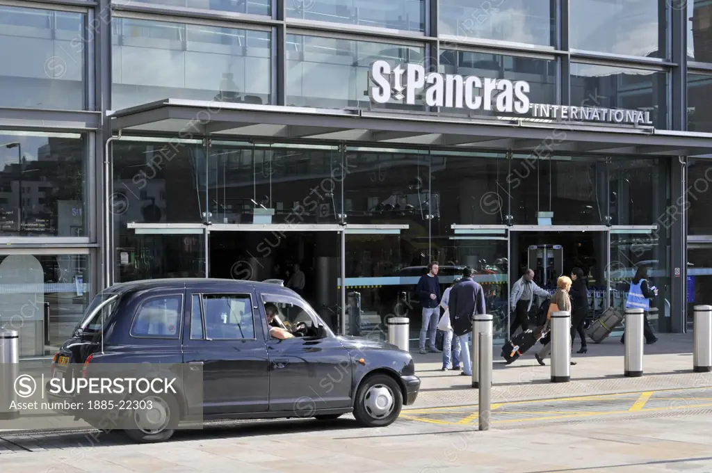 UK - England, England , London, St Pancras International Eurostar terminal railway station entrance and taxi