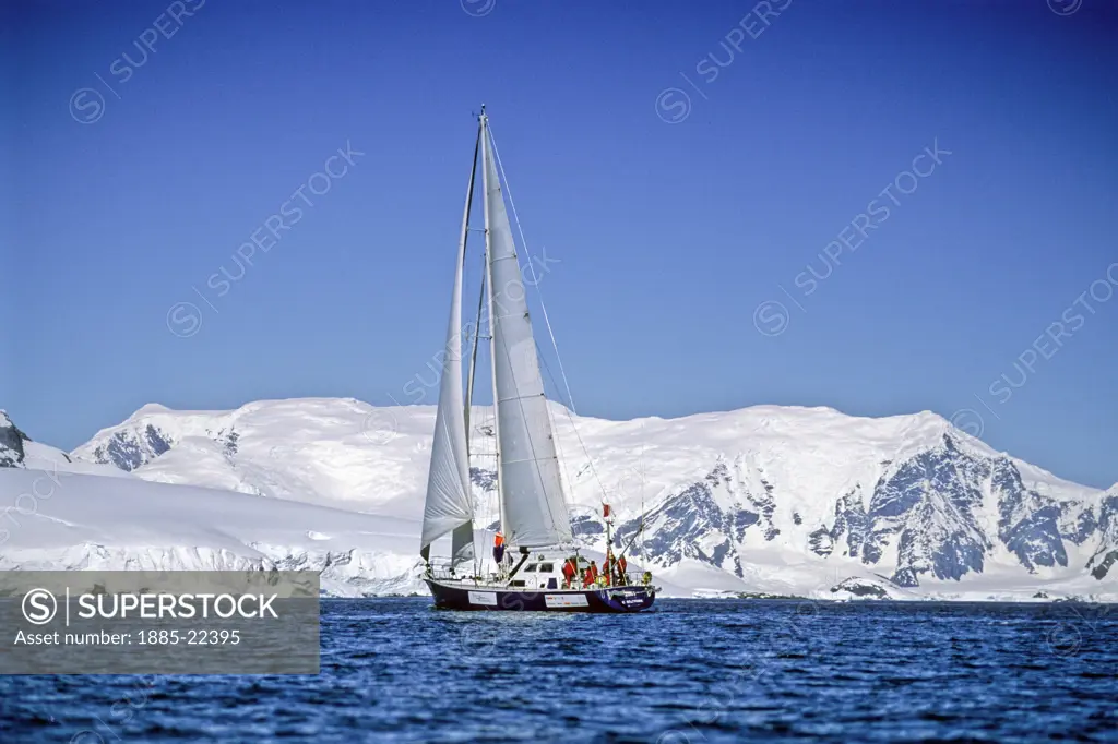 Antarctica, Antarctic Peninsula, Yacht in distance with white sail - antarctica coastline in background - blue skies