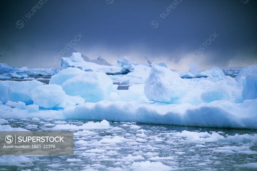 Antarctica, Antarctic Peninsula, Strange sea ice formations in blue sea fog