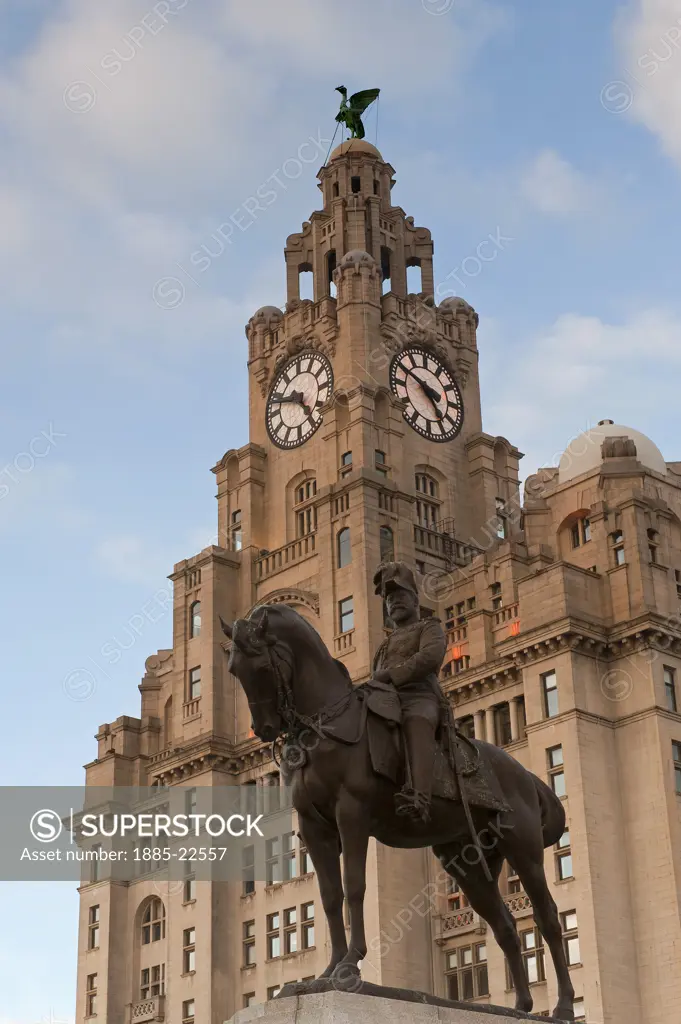 UK - England, Merseyside, Liverpool, King Edward VII Monument & Liver Building Pier Head