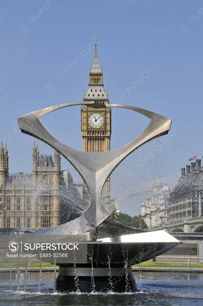 UK - England, London, Fountain by Naum Gabos framing Big Ben