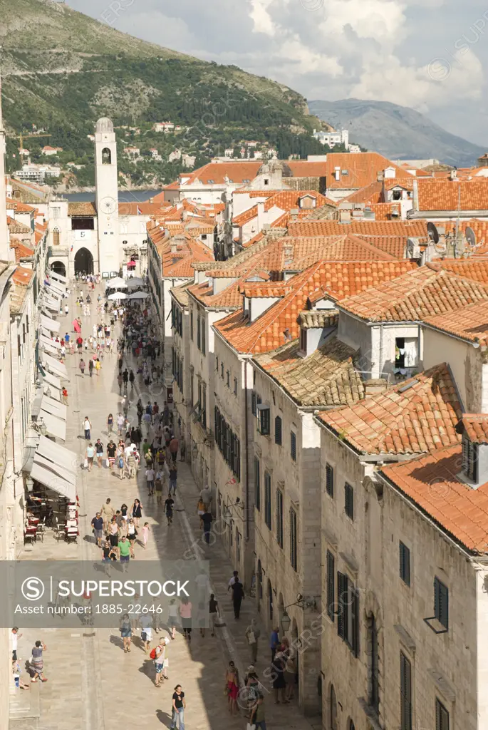 Croatia, Dubrovnik, Dubrovnik, A view down the main  Strdun street in Dubrovnik towards the clock tower.