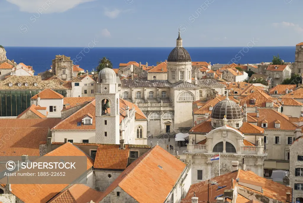 Croatia, Dubrovnik, Dubrovnik, A view over the terracotta rooftops of Dubrovnik towards the church of St Blasius