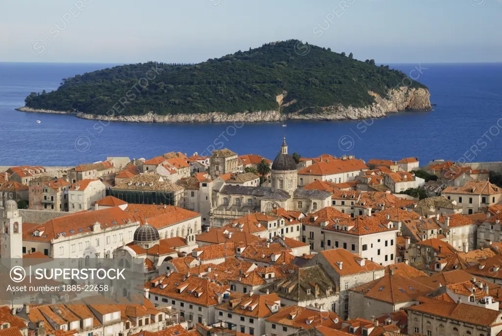 Croatia, Dubrovnik, Dubrovnik, A view over the terracotta rooftops of Dubrovnik with the island of Lokrum in the distance