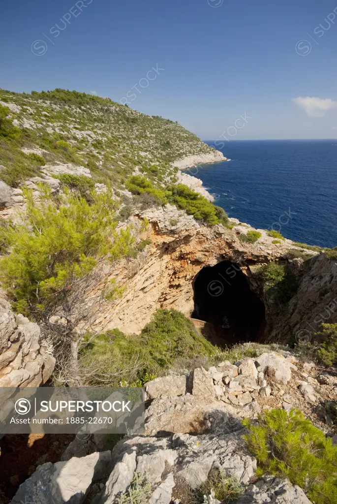 Croatia, Mljet, Mljet, A view of Odysseus's cave on the coast of Mljet