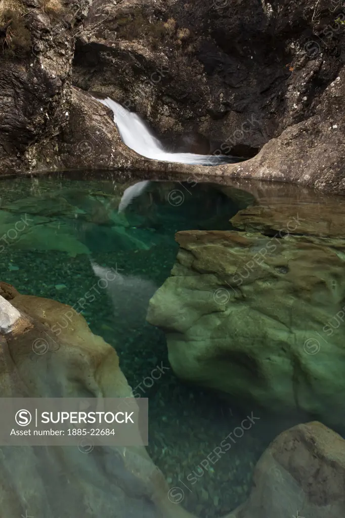 UK - Scotland, Isle of Skye, Glenn Sligachan, A rare geological feature of a waterfall and a calm reflection beneath Sligachan