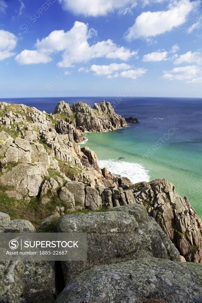 UK - England, Cornwall, Porthcurno, A view of Logan Rock from Treen cliffs