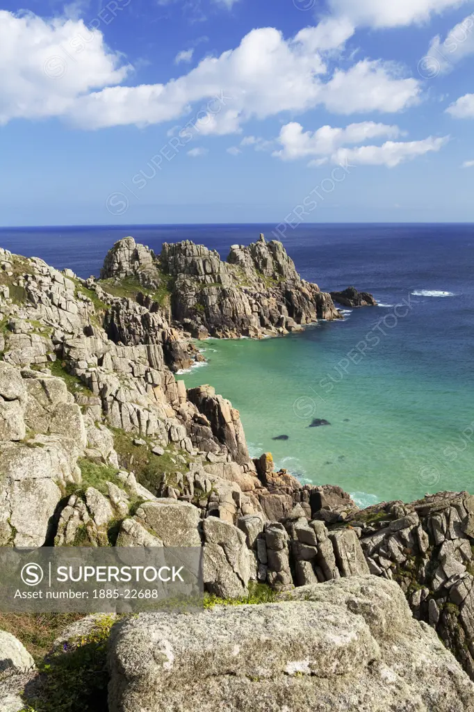 UK - England, Cornwall, Porthcurno, A view of Logan Rock from Treen cliffs