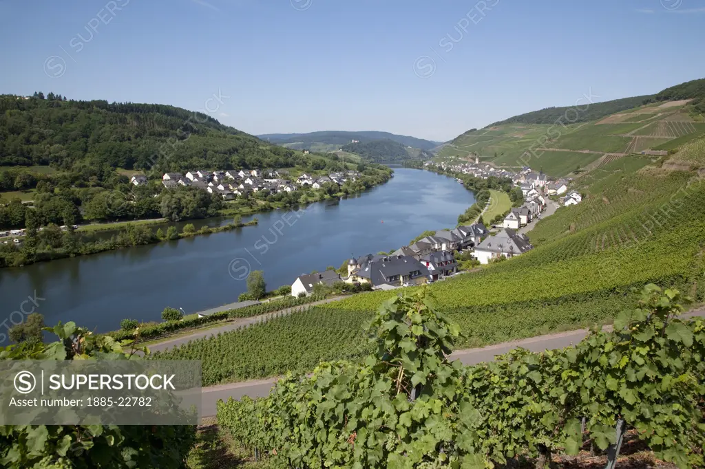Germany, Rhineland-Palatinate, Koblenz, View of Zell-Merl Village & Church from Vinyard