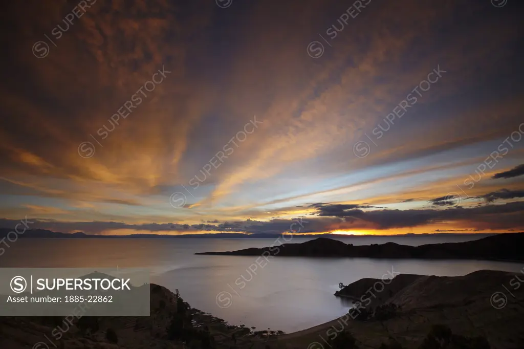 Bolivia, Lake Titicaca, Isla del Sol, Sunset over lake titicaca from the isla del sol