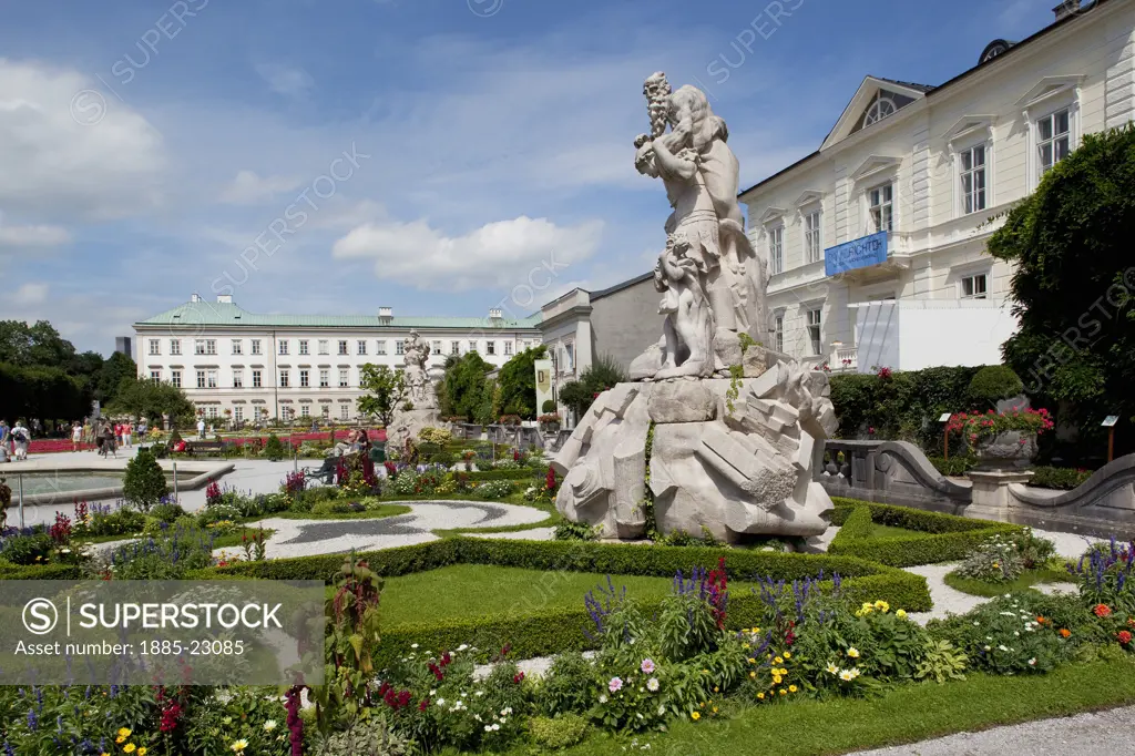 Austria, Salzburger Land, Salzburg, Mirabell Gardens, Statue & Flowers