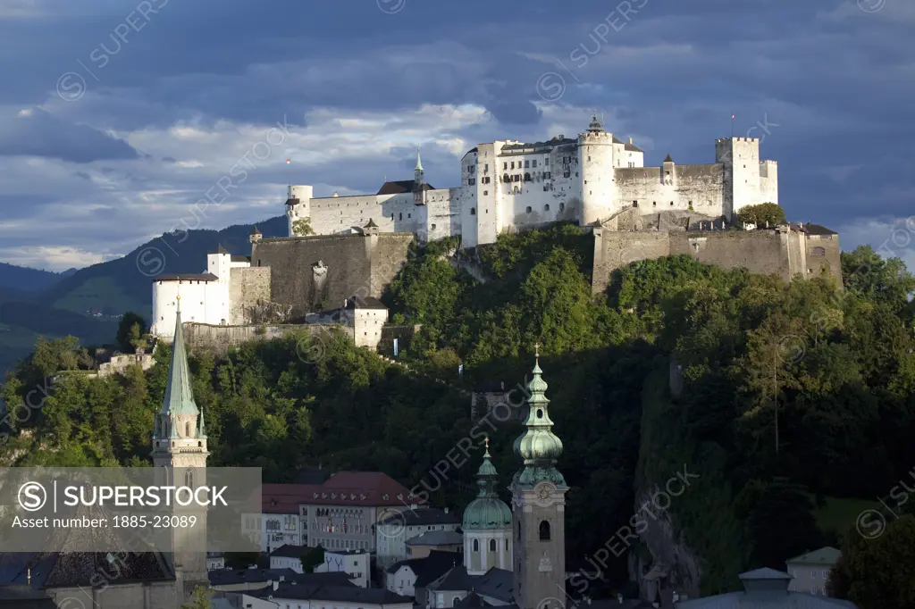 Austria, Salzburger Land, Salzburg, View over City & Hohensalsburg Fortress at Sunset