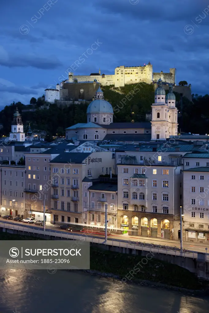 Austria, Salzburger Land, Salzburg, City & Castle Hohensalzburg at Dusk