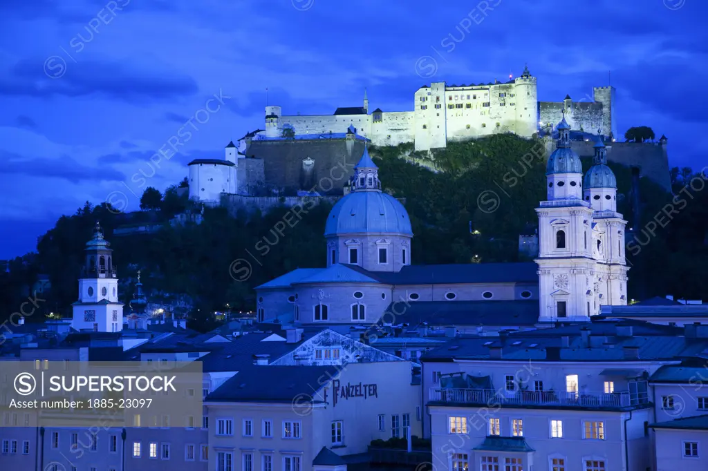 Austria, Salzburger Land, Salzburg, City & Castle Hohensalzburg at Dusk