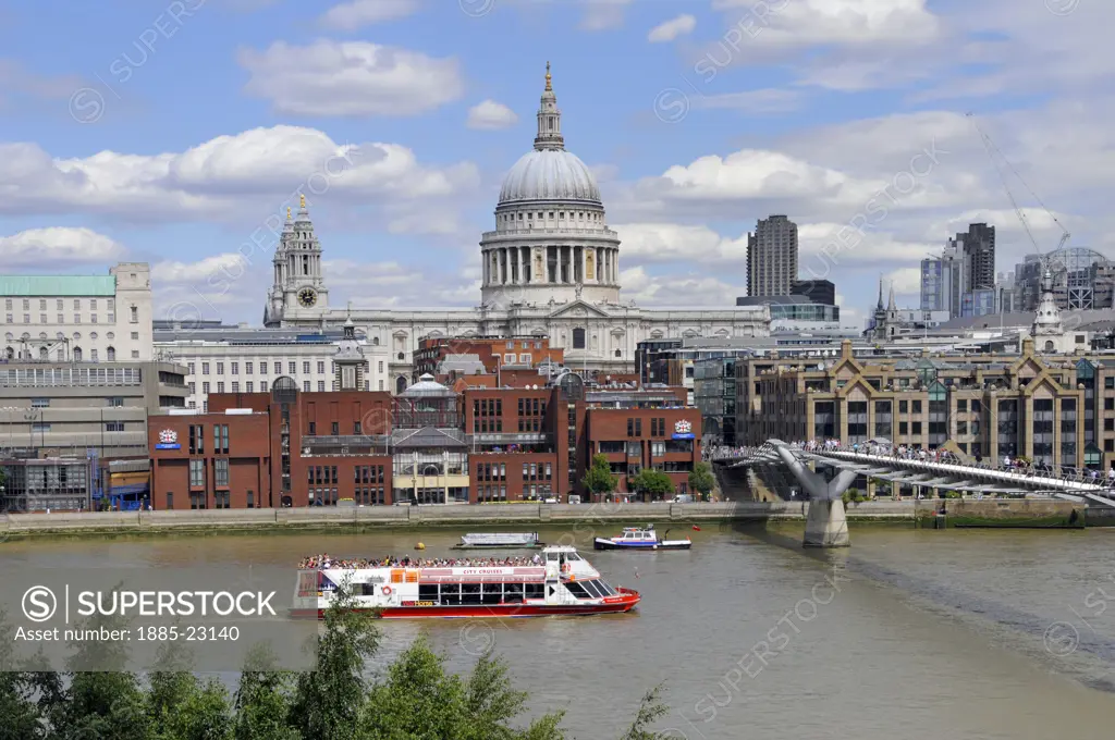 UK - England, London, St Pauls Cathedral River Thames and Millennium footbridge