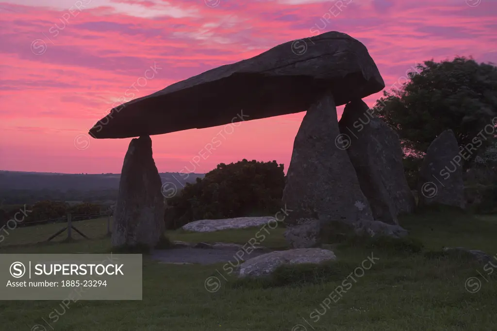 UK - Wales, Pembrokshire, Newport, Pentre Ifan at Dawn undoubtedly one of the finest megalithic burial chambers or Quiot or Cromlec in Britain. It stands on a slope overlooking vast tracts of the