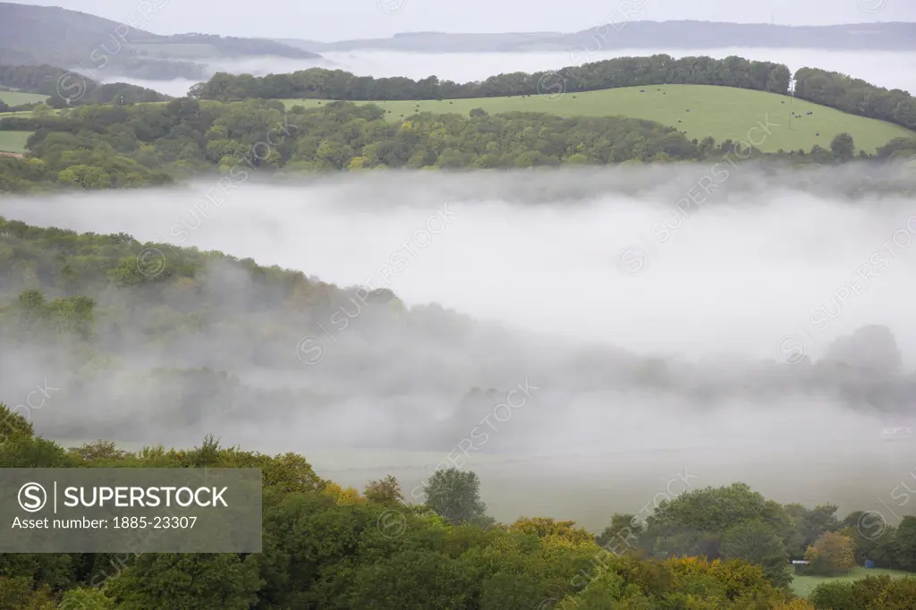 UK - England, Sussex, South Harting, Mist hanging hills and woodlands of the South Downs National Park nr South Harting West Sussex