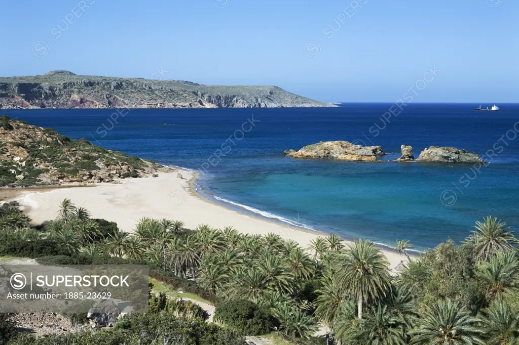 Greek Islands, Crete, Vai, View over east coast beach with palm grove
