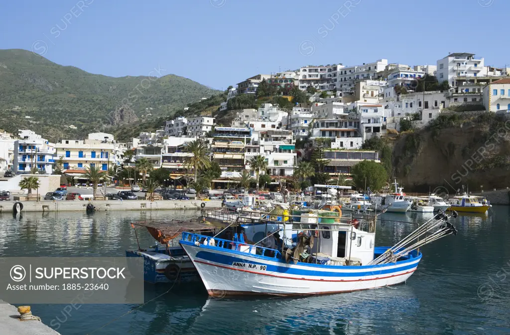 Greek Islands, Crete, Ayia Galini, View over fishing harbour and resort