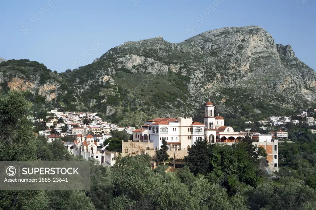 Greek Islands, Crete, Spili, View over mountain village
