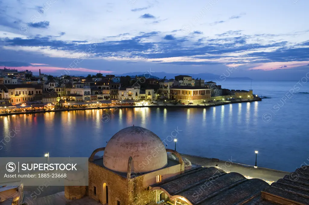 Greek Islands, Crete, Chania, Venetian Harbour and Mosque of the Janissaries at dusk