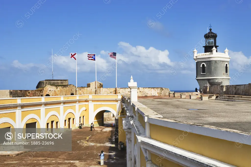 Caribbean, Puerto Rico, San Juan, Courtyard of El Morro fort and lighthouse
