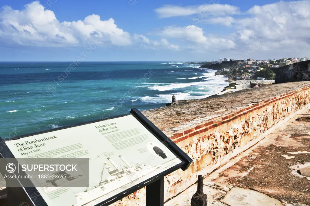 Caribbean, Puerto Rico, San Juan, View to city along coastline from El Morro fort