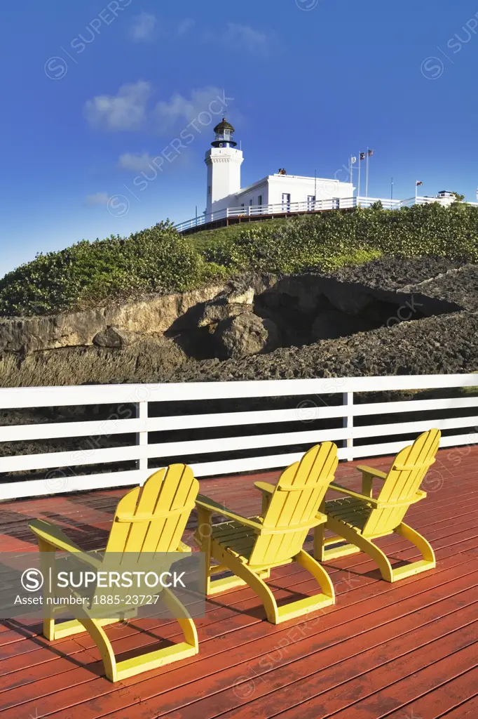 Caribbean, Puerto Rico, Arecibo, Arecibo Lighthouse and chairs on terrace