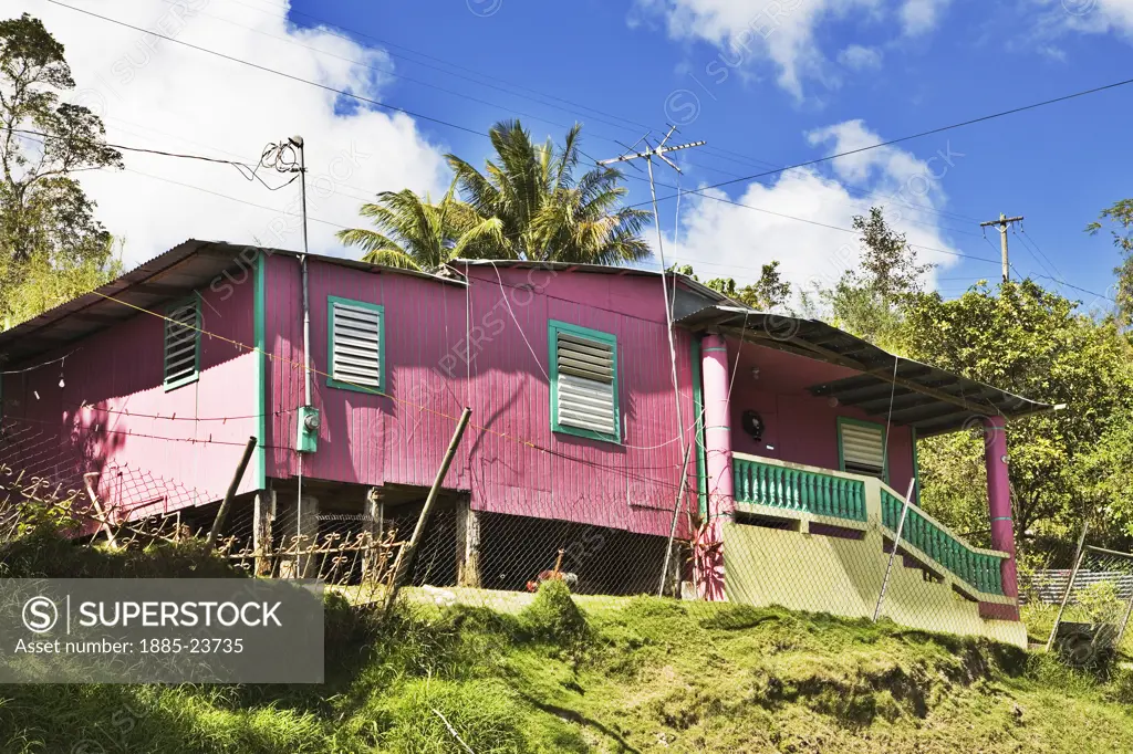 Caribbean, Puerto Rico, Arecibo - near, Typical colourful house on stilts