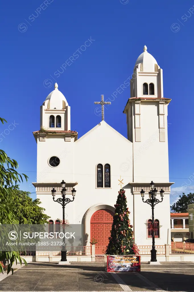 Caribbean, Puerto Rico, Quebradillas, Church with Christmas tree