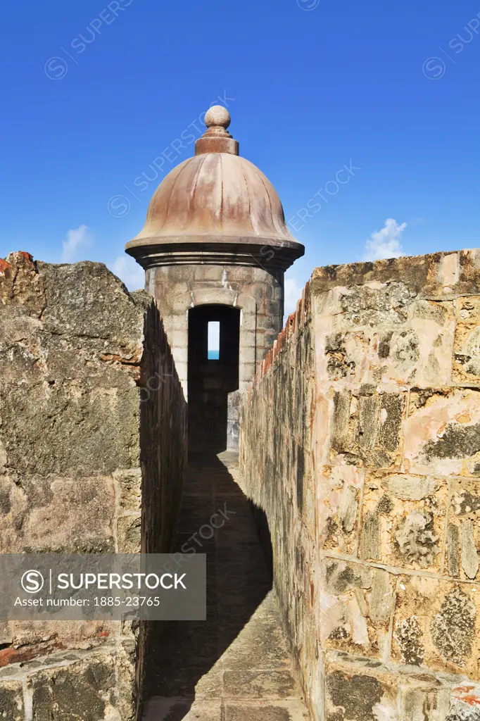 Caribbean, Puerto Rico, San Juan, El Morro fort - sentry box detail