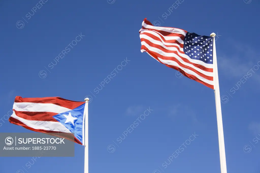 Caribbean, Puerto Rico, San Juan, American flag and Puerto Rican flag
