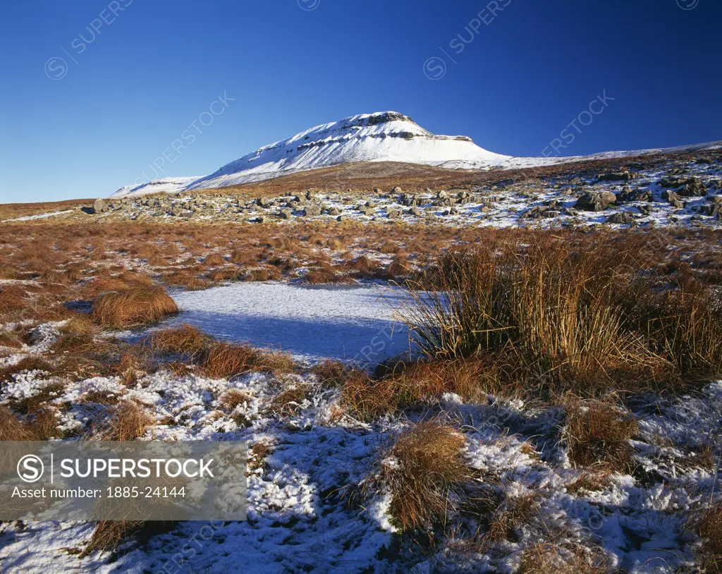 UK - England, Yorkshire, Ribblesdale, View to Pen y ghent over frozen pool