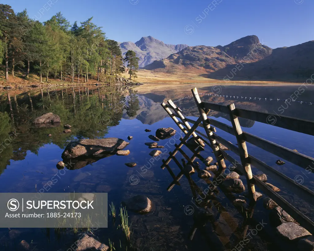 UK - England, Cumbria, Blea Tarn, View over lake to Langdale Pikes