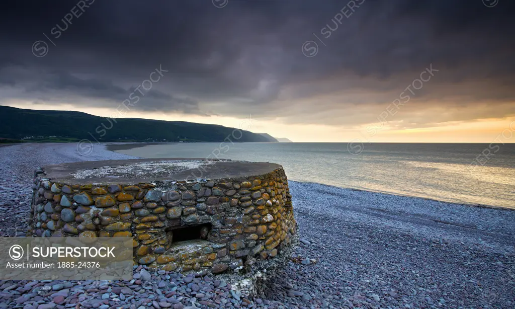 UK - England, Somerset, Porlock Weir - near, Second World War stone pillbox on Bossington Beach