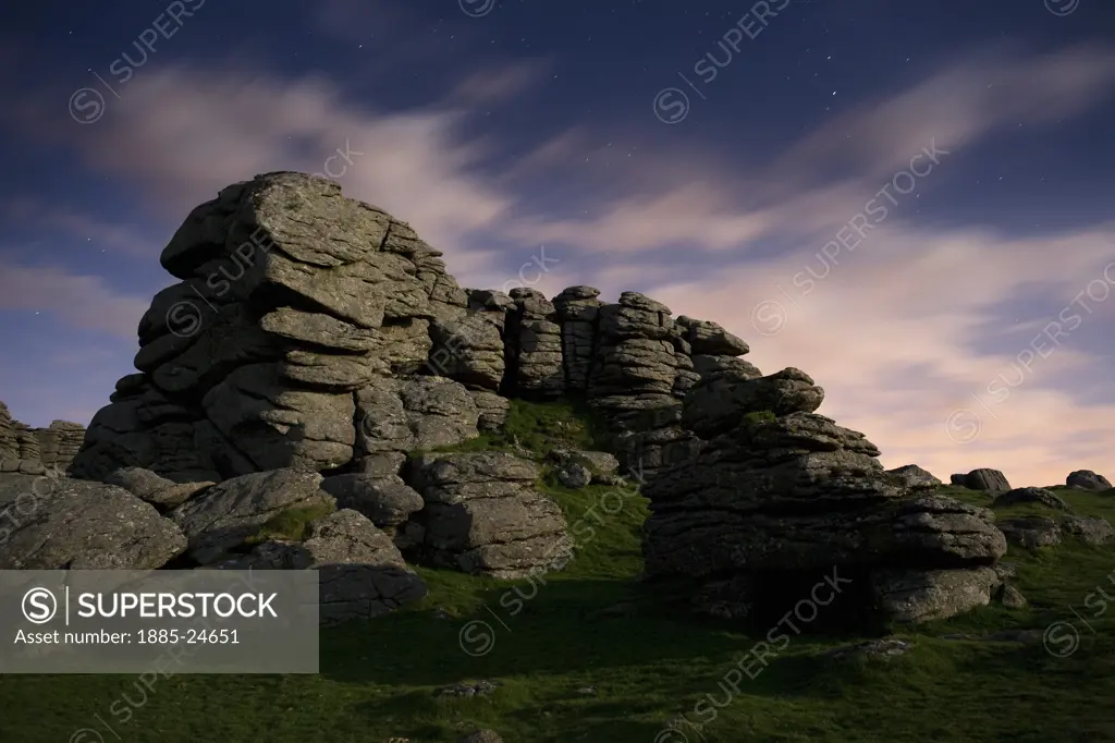 UK - England, Devon, Dartmoor, Hound Tor in moonlight