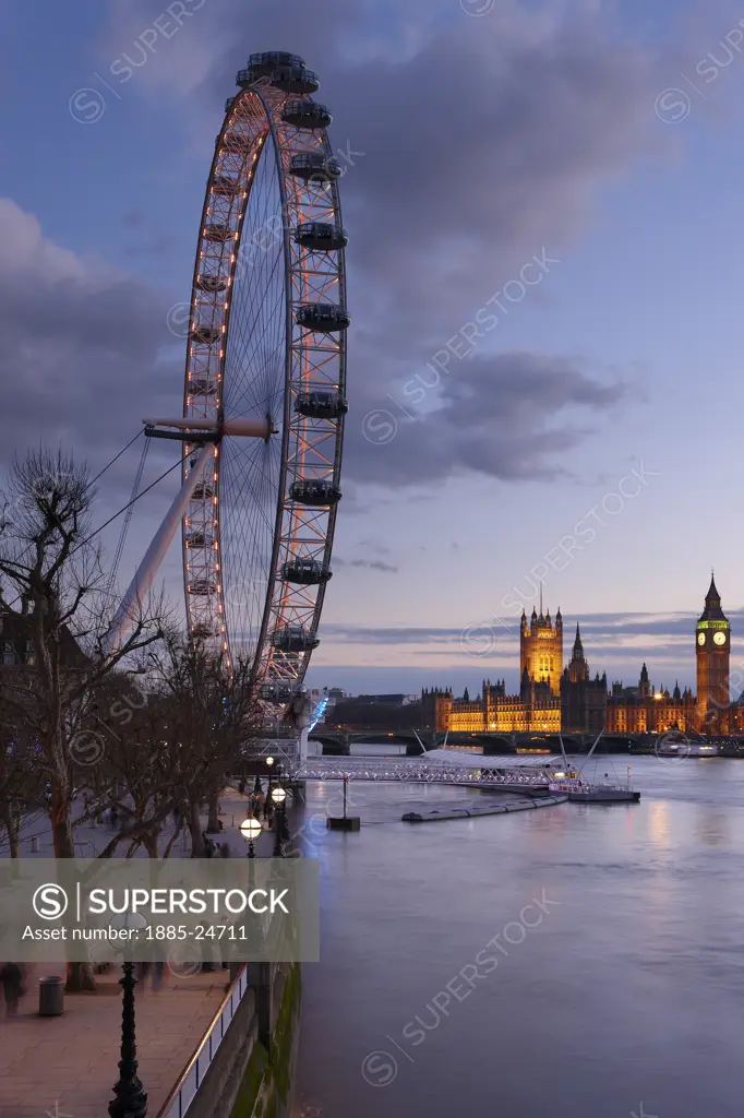 UK - England, London, London Eye and Palace of Westminster at dusk