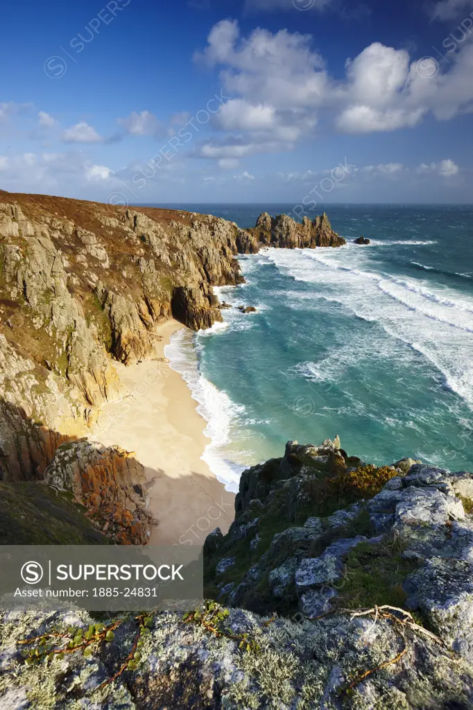 UK - England, Cornwall, Porthcurno, View along rugged coastline