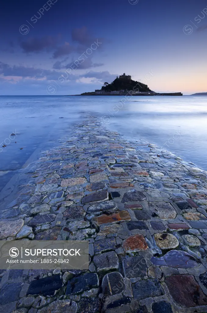UK - England, Cornwall, St Michaels Mount, View from causeway to St Michaels Mount at dusk