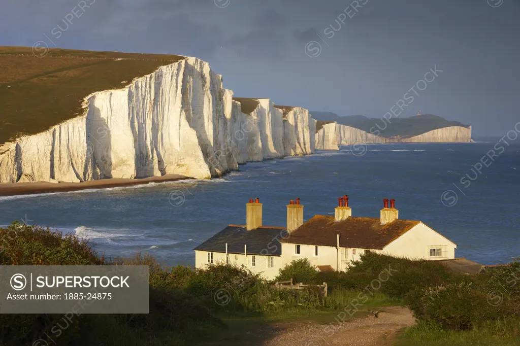 UK - England, East Sussex, Eastbourne, Seven Sisters cliffs and coastguard cottages