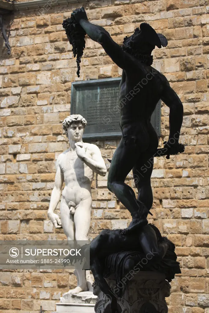 Italy, Tuscany, Florence, Statues of Perseus and David in Piazza della Signoria
