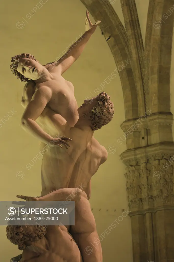 Italy, Tuscany, Florence, Rape of the Sabine Women statue at night