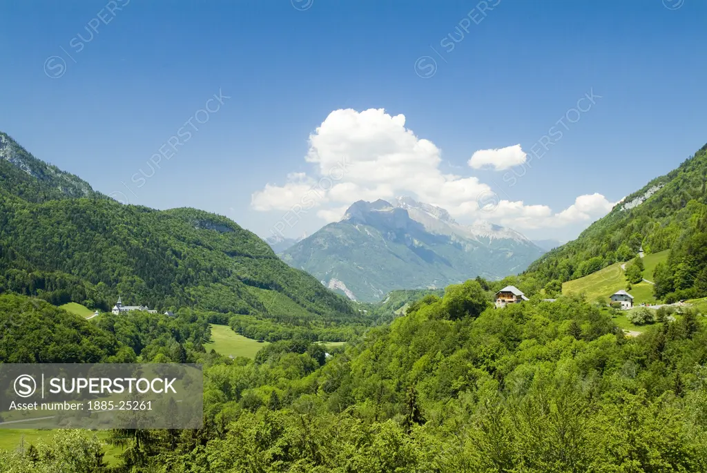 France, Rhone Alps, Bauges National Park, View along Col de Tamie from Fort de Tamie