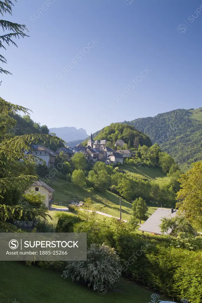France, Rhone Alps, Bauges National Park, Alpine scenery with village of Le Chatelard