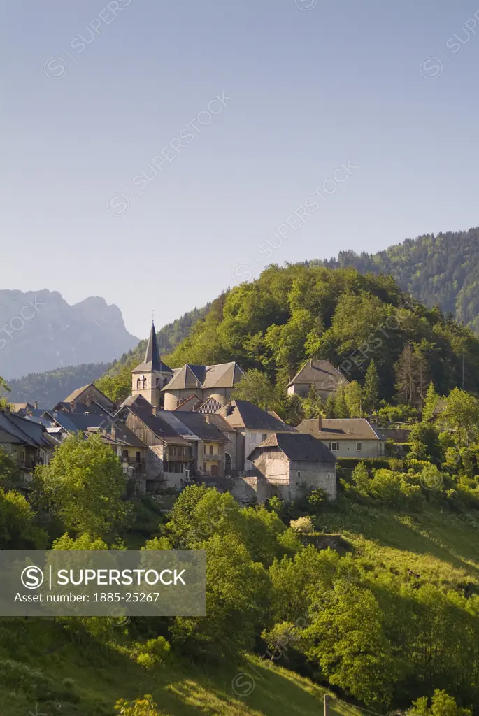 France, Rhone Alps, Bauges National Park, Alpine scenery with village of Le Chatelard